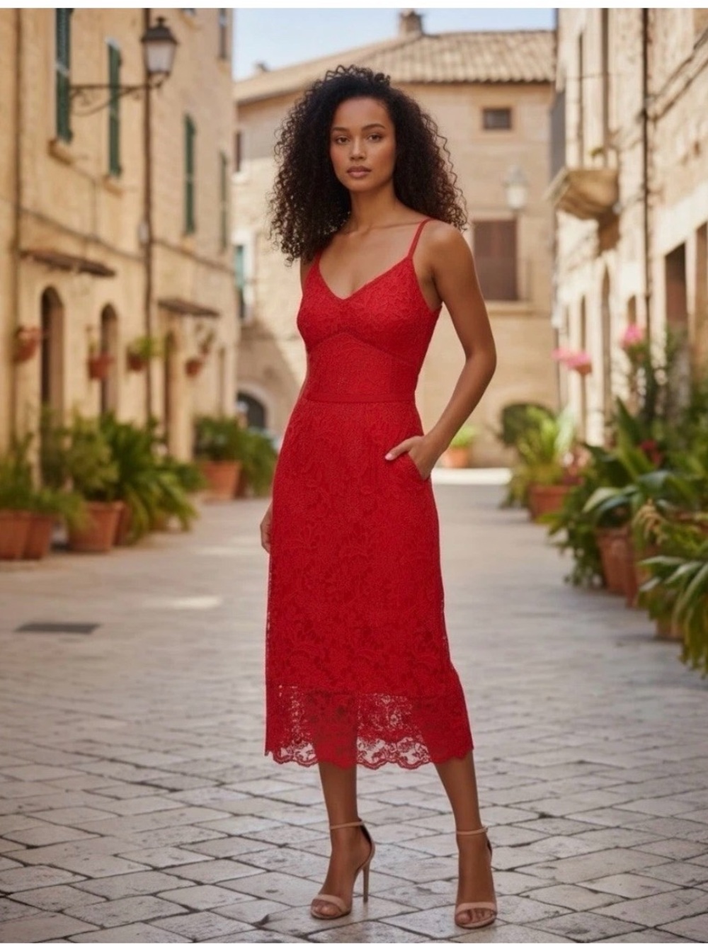 NWT $519 Ted Baker Valens Mixed Lace Midi Dress Red, Size 0